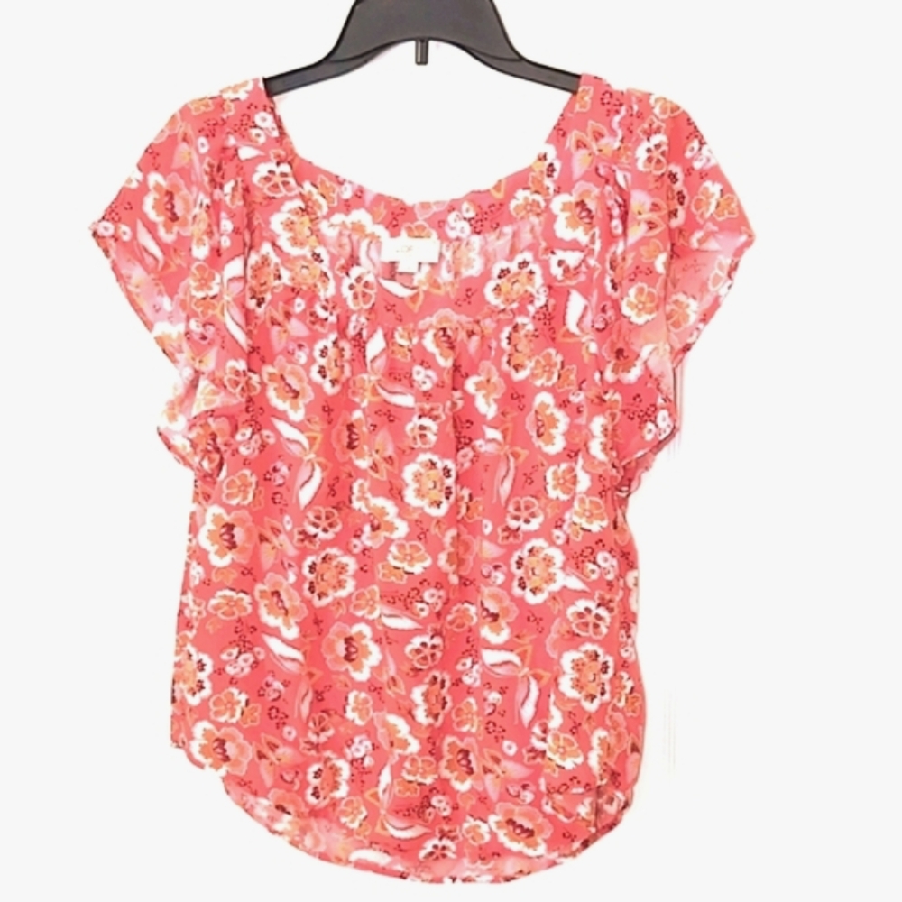 LOFT Flutter Sleeve Square Neck Blouse. Size L. Coral/White. Floral & Butterfly